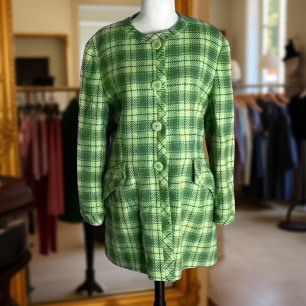 Vintage Mila Schon Green Plaid Wool Jacket Italian Tailored Jacket Size 44 US 6 - Picture 6 of 6